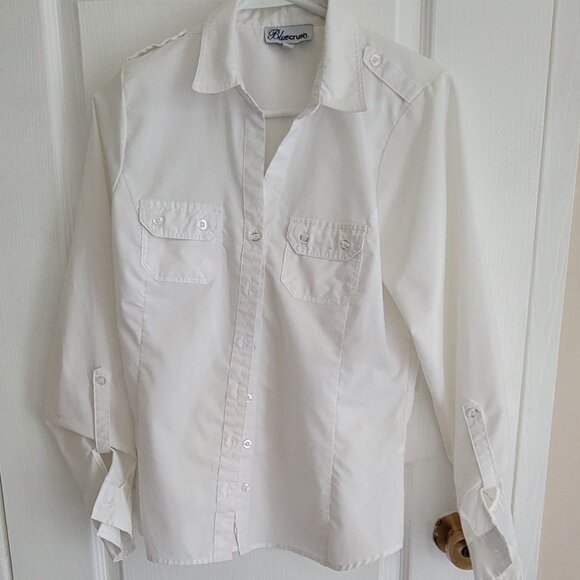 White Fitted Blouse with Roll Up Sleeves - Picture 1 of 2
